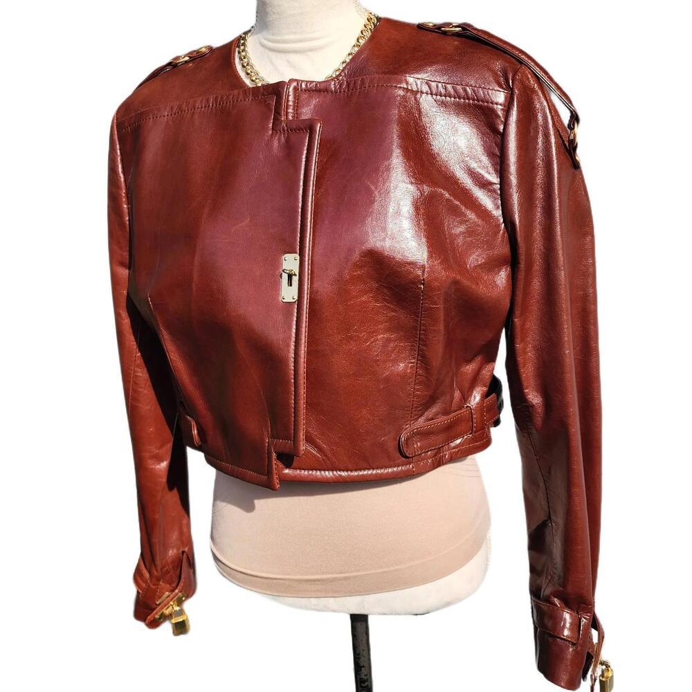 Moschino By Redwall. Vintage Brown Leather Jacket w/ Gold locks on sleeves. 46